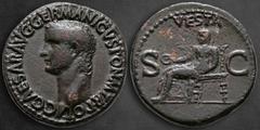 Roman Imperial Caligula AD 37-41. Struck AD 37-38. Rome As Æ 29 mm, 11,68 g C CAESAR AVG GERMANICVS PON M TR POT, bare head left / VESTA above, S C across field, Vesta seated left, holding patera and 