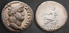 Roman Imperial Nero AD 54-68. Rome Denarius AR 17 mm, 3,30 g NERO CAESAR AVGVSTVS, laureate head right / [S]ALV[S], Salus seated left on ornamented throne, holding patera. Nearly Very Fine RIC² 60; BM
