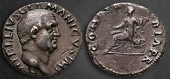 Roman Imperial Vitellius AD 69. Rome Denarius AR 18 mm, 3,19 g A VITELLIVS GERMANICVS IMP, bare head of Vitellius to right / CONCORDIA•P•R, Concordia seated left, holding patera in her right hand and 