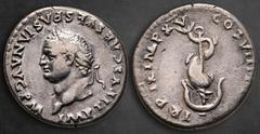 Roman Imperial Titus, as Caesar AD 76-78. Struck 1 January-30 June AD 80. Rome Denarius AR 18 mm, 2,67 g IMP TITVS CAES VESPASIAN AVG P M, laureate head left / COS VII[I P P TR P] IX IMP XV, dolphin c