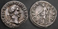Roman Imperial Nerva AD 96-98. Rome Denarius AR 18 mm, 3,37 g IMP NERVA CAES AVG P M TR P II COS III P P, laureate head right / FORTVNA AVGVST, Fortuna standing left, holding rudder and cornucopia. Ve
