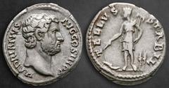 Roman Imperial Hadrian Struck AD 133-circa 135.. Rome Denarius AR 18 mm, 3,31 g Bare head right / TELLVS STABIL, Tellus standing left, holding plow and hoe (or rake); two stalks of grain growing to ri
