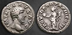 Roman Imperial Lucius Verus AD 161-169. Rome Denarius AR 18 mm, 3,36 g IMP L VERVS AVG, bare head right / PROV DEOR TR P III COS II, Providentia standing left, holding globe and cornucopiae. Very Fine