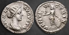 Roman Imperial Lucilla as Augusta AD 164-182. Rome Denarius AR 18 mm, 3,46 g LVCILLA AVGVSTA, draped bust to right / VENVS VICTRIX, Venus standing facing, head to left, holding Victory and supporting 