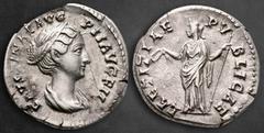 Roman Imperial Diva Faustina II AD 175-176. Rome Denarius AR 18 mm, 3,36 g FAVSTINAE AVG PII AVG FIL, draped bust of Faustina right / LAETITIAE PVBLICAE, Laetitia standing left, holding wreath and sce