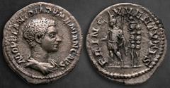 Roman Imperial Diadumenian, as Caesar AD 217-218. Rome Denarius AR 19 mm, 2,59 g M OPEL ANT DIADVMENIAN CAES, bareheaded and draped bust right / PRINC IVVENTVTIS, Diadumenian standing left, holding ba