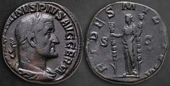Roman Imperial Maximinus I Thrax AD 235-238. Struck AD 236-237. Rome Sestertius Æ 29 mm, 17,42 g [MAXIMI]NVS PIVS AVG GERM, laureate, draped, and cuirassed bust right / FIDES MILI[TVM], Fides standing