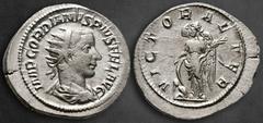 Roman Imperial Gordian III AD 238-244. Rome Antoninianus AR 24 mm, 3,49 g IMP GORDIANVS PIVS FEL AVG, radiate, draped and cuirassed bust to right / VICTOR AETER, Victory standing to left, leaning on s