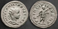 Roman Imperial Philip II, as Caesar AD 244-246. Rome Antoninianus AR 24 mm, 4,04 g M IVL PHILIPPVS CAES, radiate, draped and cuirassed bust right / PRINCIPI IVVENT, Philip II, in military attire, stan