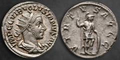 Roman Imperial Volusian AD 251-253. Rome Antoninianus AR 21 mm, 3,74 g IMP C C VIB VOLVSIANVS AVG, radiate, draped, and cuirassed bust right / VIRTVS AVGG, Virtus standing left, holding grounded shiel