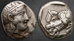 Greek Attica. Athens circa 350-294 BC. Tetradrachm AR 22 mm, 17,01 g Helmeted head of Athena right / AΘΕ, owl standing right, head facing; olive sprig and crescent to left; all within incuse square. V