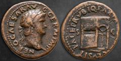 Roman Imperial Nero AD 54-68. Rome As Æ 28 mm, 10,05 g NERO CAESAR AVG GERM IMP, laureate head right / PACE P R VBIQ PARTA IANVM CLVSIT, temple of Janus with latticed window on left and and closed doo