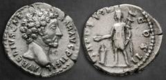 Roman Imperial Marcus Aurelius, as Caesar AD 139-161. Struck under Antoninus Pius AD 151-152. Rome Denarius AR 18 mm, 3,19 g AVRELIVS CAESAR AVG PII FIL, bare head right / TR POT VI COS II, Genius Exe