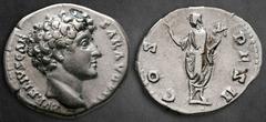 Roman Imperial Marcus Aurelius, as Caesar AD 139-161. Rome Denarius AR 18 mm, 3,27 g AVRELIVS CAESAR AVG PII F, bare head of Marcus Aurelius to right / COS DES II, Honos standing left, holding branch 