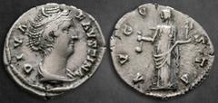 Roman Imperial Diva Faustina I AD 140-141. Rome Denarius AR 18 mm, 3,48 g DIVA FAVSTINA, draped bust right / AVGVSTA, Vesta standing left, holding simpulum and palladium. Very Fine RIC III 368 (Pius);