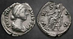 Roman Imperial Faustina II AD 147-175. Rome Denarius AR 19 mm, 3,62 g FAVSTINA AVGVSTA, draped bust right / VESTA, Vesta seated left, holding palladium and sceptre. Good Very Fine RIC 737. Annia Galer
