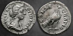 Roman Imperial Diva Faustina II AD 175-176. Rome Denarius AR 18 mm, 3,16 g DIVA FAVSTINA PIA, draped bust right / CONSECRATIO, Peacock advancing right. Very Fine RIC 744; BMC 717. The term "CONSECRATI