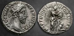 Roman Imperial Commodus AD 177-192. Rome Denarius AR 17 mm, 3,30 g M COMMODVS ANTON AVG PIVS, laureate head right / P M TR P VIIII IMP VI COS IIII P P, Victory standing right inscribing shield set on 