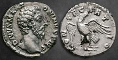 Roman Imperial Divus Marcus Aurelius AD 180. Rome Denarius AR 17 mm, 3,29 g DIVVS M ANTONINVS PIVS, bare head right / CONSECRATIO, eagle standing left on thunderbolt, head right, wings spread. Very Fi
