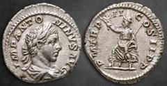 Roman Imperial Elagabal AD 218-222. Rome Denarius AR 19 mm, 3,21 g IMP ANTONINVS AVG, laureate and draped bust right / P M TR P II COS II P P, Pax advancing left, holding branch and sceptre. Extremely