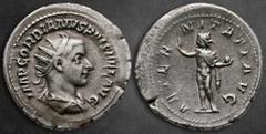 Roman Imperial Gordian III AD 238-244. Rome Antoninianus AR 23 mm, 5,15 g IMP GORDIANVS PIVS FEL AVG, radiate, draped and cuirassed bust right / AETERNITATI AVG, Sol standing, facing, head left, holdi