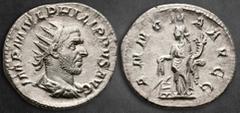 Roman Imperial Philip I Arab AD 244-249. Rome Antoninianus AR 22 mm, 3,55 g MP M IVL PHILIPPVS AVG, radiate, draped and cuirassed bust right / ANNONA AVG, Annona standing left holding corn-ears over m