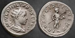 Roman Imperial Philip II, as Caesar AD 244-246. Rome Antoninianus AR 23 mm, 5,46 g M IVL PHILIPPVS CAES, radiate, draped and cuirassed bust right / PRINCIPI IVVENT, Philip II, in military attire, stan