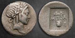 Greek Lycia. Masikytes circa 44-18 BC. Hemidrachm AR 15 mm, 1,27 g Laureate head of Apollo to right; Λ-Y behind and before / Kithara; M-A across fields, tripod in lower right field; all within shallow