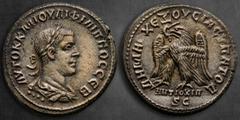 Roman Provincial Seleucis and Pieria. Antioch. Philip II AD 247-249. Billon-Tetradrachm 27 mm, 11,68 g AYTOK K M IOYΛΙ ΦΙΛΙΠΠΟC CEB, laureate, draped and cuirassed bust right, seen from behind; four p