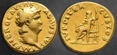 Roman Imperial Nero AD 54-68. Rome Aureus AV 19 mm, 6,97 g IMP NERO CAESAR AVGVSTVS, laureate head of Nero to right / IVPPITER CVSTOS, Jupiter seated left on throne, holding thunderbolt in his right h