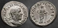 Roman Imperial Macrinus AD 217-218. Rome Denarius AR 20 mm, 2,71 g IMP C M OPEL SEV MACRINVS AVG, laureate and draped bust right / SECVRITAS TEMPORVM, Securitas standing facing, head left, holding sce