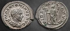 Roman Imperial Elagabal AD 218-222. Rome Denarius AR 21 mm, 2,21 g IMP ANTONINVS AVG, laureate, and draped bust right / FIDES MILITVM, Fides standing half-left, head right, holding grounded vexillum a