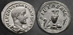 Roman Imperial Maximus, Caesar AD 236-238. Rome Denarius AR 19 mm, 3,15 g IVL VERVS MAXIMVS CAES, bareheaded and draped bust right / PIETAS AVG, Emblems of the pontificate: lituus, secespita, guttus, 