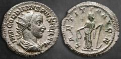 Roman Imperial Gordian III AD 238-244. Rome Antoninianus AR 23 mm, 4,21 g IMP GORDIANVS PIVS FEL AVG, radiate, draped and cuirassed bust to right / LAETITIA AVG N, Laetitia standing to left holding wr