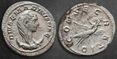 Roman Imperial Diva Mariniana AD 254-256. Consecration issue. Rome Antoninianus AR 23 mm, 3,93 g DIVA MARINIANAE, veiled and draped bust right, set on crescent / CONSECRATIO, Apotheosis of Mariniana: 