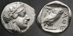 Greek Attica. Athens circa 454-404 BC. Tetradrachm AR 25 mm, 17,11 g Helmeted head of Athena right, with frontal eye / AΘE, Owl standing right, head facing; olive spray and crescent to left; all withi