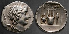 Greek Lycia. Lycian League. Phaselis circa 167-81 BC. Drachm AR 15 mm, 2,49 g Laureate head of Apollo right, with bow and quiver over shoulder / ΦAΣHΛI, kithara, Isis crown to left, torch to right; al