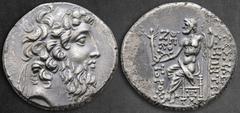 Greek Seleukid Kingdom. Damascus. Demetrios II Nikator, 2nd reign 129-125 BC. Dated SE 184 =129/8 BC Tetradrachm Æ 28 mm, 15,60 g Diademed, bearded head of Demetrios II to right / [BA]ΣIΛE[ΩΣ] ΔHMHTPI