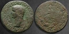 Roman Imperial Nero Claudius Drusus 9 BC. Rome Sestertius Æ 36 mm, 26,93 g NERO CLAVDIVS DRVSVS G[ERMANICVS IMP], bare head to left / [TI CLAVDIVS CAESAR AVG] P M TR P IMP, emperor seated to left on c