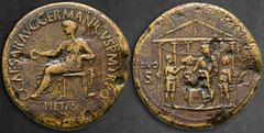 Roman Imperial Caligula AD 37-41. Struck AD 37-38. Rome Sestertius Æ 35 mm, 26,82 g C•CAESAR•AVG•GERMANICVS•P•M•TR•POT, Pietas seated to left, holding patera and resting arm on small draped standing f