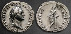 Roman Imperial Domitian as Caesar AD 69-81. Rome Denarius AR 19 mm, 3,06 g CAESAR AVG F DOMITIANVS COS V[I], laureate head right / PRINCEPS IVVENTVTIS, Salus standing right, resting on column, feeding