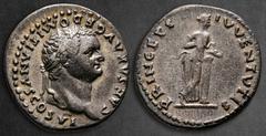 Roman Imperial Domitian AD 81-96. Rome Denarius AR 18 mm, 3,33 g CAESAR AVG F DOMITIANVS COS VI, laureate head right / PRINCEPS IVVENTVTIS, Salus standing right, resting upon column to right, holding 