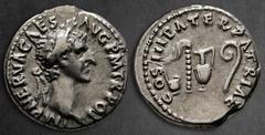 Roman Imperial Nerva AD 96-98. Rome Denarius AR 18 mm, 3,37 g IMP NERVA CAES AVG P M TR POT II, laureate head right / COS III PATER PATRIAE, priestly emblems: simpulum, aspergillum, ewer, and lituus. 