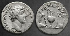 Roman Imperial Marcus Aurelius, as Caesar AD 139-161. Rome Denarius AR 17 mm, 3,31 g AVRELIVS CAE-SAR AVG PII F [COS], bare head right / PIETAS AVG, knife, sprinkler, ewer, lituus and simpulum. Very F