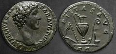 Roman Imperial Marcus Aurelius, as Caesar AD 139-161. Rome As Æ 28 mm, 9,44 g AVRELIVS CAE-SAR AVG PII F COS, bare head right / PIETAS AVG, sacrificial implements: knife, sprinkler, jug, lituus and si