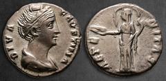Roman Imperial Diva Faustina I AD 140-141. Rome Denarius AR 17 mm, 3,41 g DIVA FAVSTINA, draped bust right / AETERNITAS, Providentia standing to left, holding globe and veil blown out around her head.