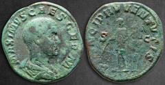 Roman Imperial Maximus, Caesar AD 236-238. Rome Sestertius Æ 31 mm, 21,83 g MAXIMVS CAES GERM, bareheaded and draped bust right / [PRI]NCIPI IVVENTVTIS, Maximus standing left, holding baton and spear;