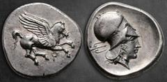 Greek Corinthia. Corinth circa 405-345 BC. Stater AR 22 mm, 8,55 g Pegasos flying right; Ϙ below / Head of Athena to right, wearing Corinthian helmet; behind neck guard, trident. . BCD Corinth -; Calc