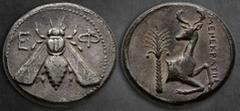 Greek Ionia. Ephesos circa 380-370 BC. MENEKPATHΣ (Menekrates), magistrate Tetradrachm AR 26 mm, 14,99 g Bee with straight wings; Ε-Φ flanking / MENEKPATHΣ, forepart of stag right, head left; palm tre
