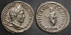 Roman Imperial Caracalla AD 198-217. Rome Denarius AR 18 mm, 3,41 g ANTONINVS PIVS AVG GERM, laureate head right / P M TR P XVII COS IIII P P, Genius of the Senate, togate, standing left, holding bran